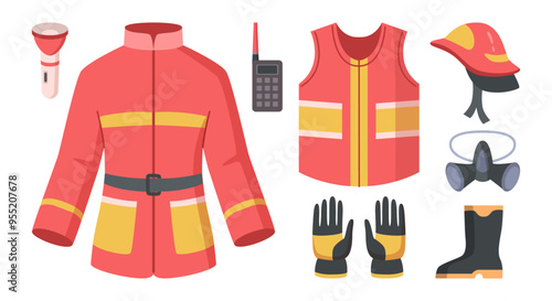 Equipment and uniform of firefighter. Vector isolated set of flat icons, walkie talkie and mask for protection. Vest and suit, helmet and boots, gloves and flashlight for fireman at emergency