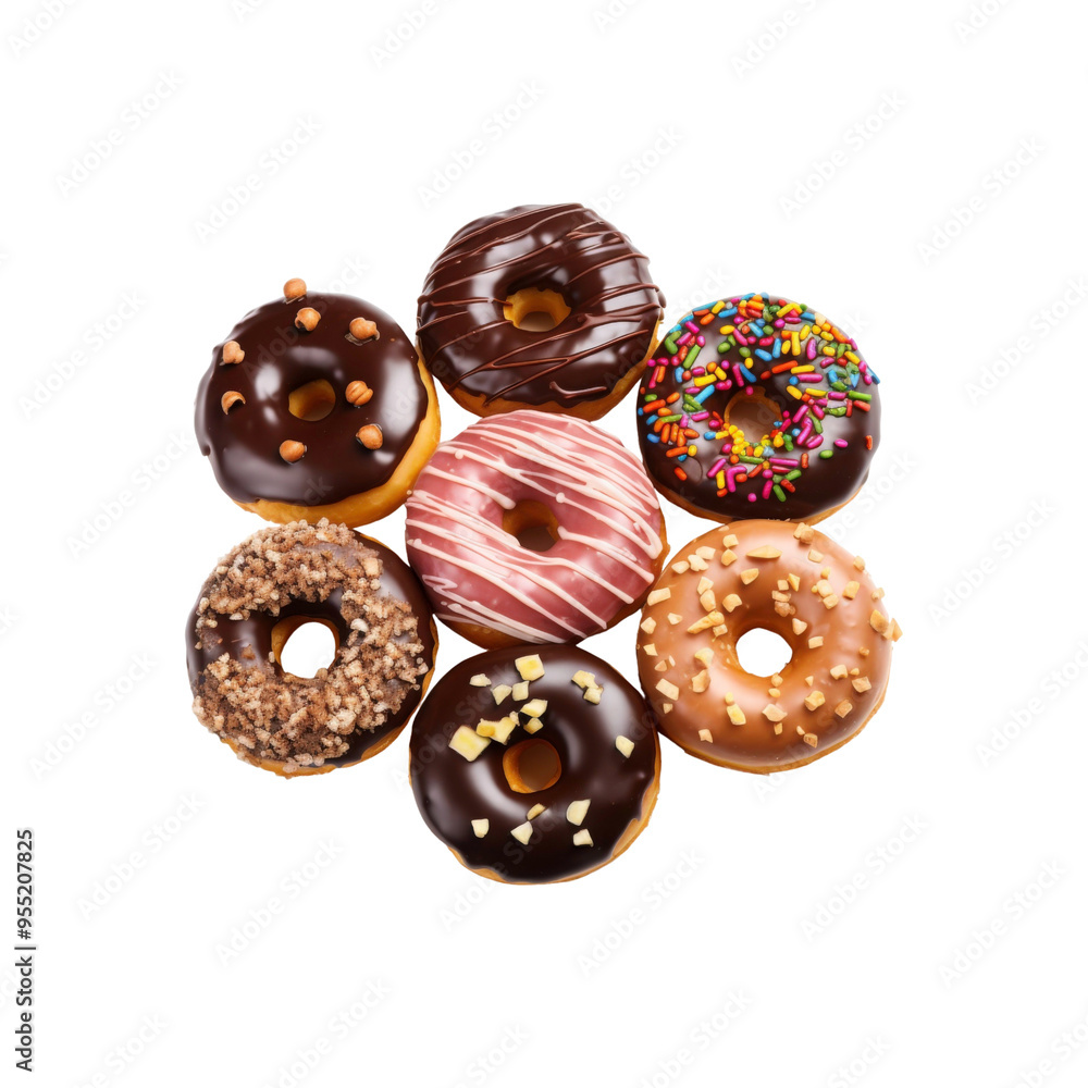 Fototapeta premium a variety of deliciously delicious donuts with a variety of toppings; perfect for food blogs, bakery sites, social media posts, and restaurant menus