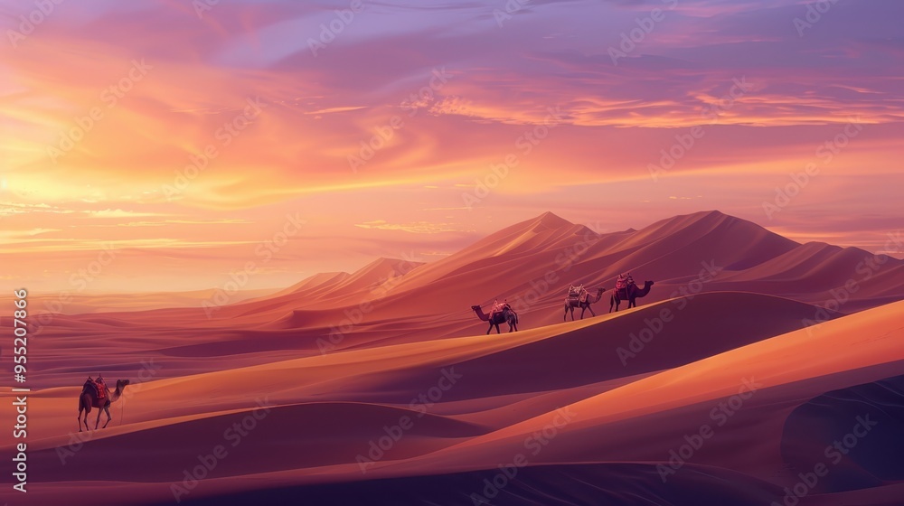 Sunset over vast desert, silhouettes of camels and riders traverse the sand dunes beneath a colorful sky. Sunset over vast desert, silhouettes of camels and riders traverse the sand dunes beneath a colorful sky.