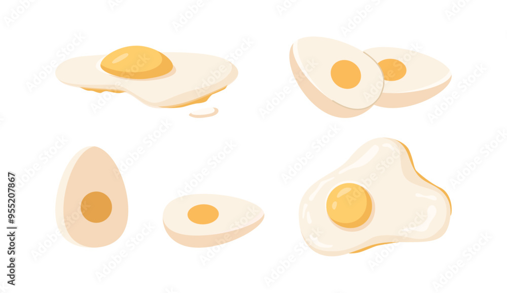 Dieting and nutrition, fried and boiled eggs. Vector isolated flat set of ingredient for cooking dishes and meals. Nourishment and eating healthy. Side and top view of healthy organic product Dieting and nutrition, fried and boiled eggs. Vector isolated flat set of ingredient for cooking dishes and meals. Nourishment and eating healthy. Side and top view of healthy organic product
