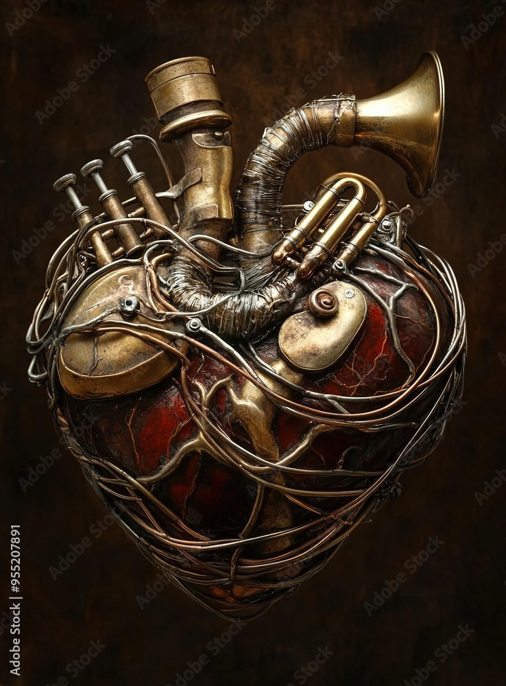 An anatomical heart made of musical instruments, brass and silver metal, against a dark background.
An anatomical heart made of musical instruments, brass and silver metal, against a dark background.