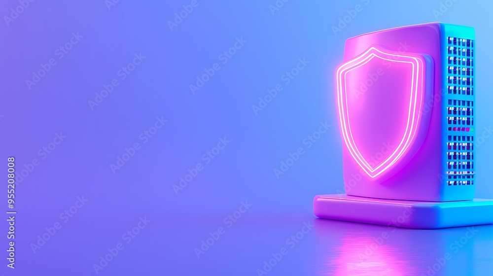 Modern server with neon shield icon symbolizing cyber security and data protection in a futuristic blue and purple lighting setup. Modern server with neon shield icon symbolizing cyber security and data protection in a futuristic blue and purple lighting setup.