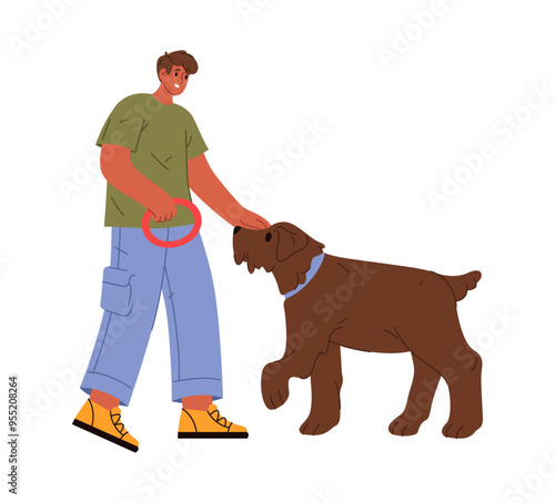 Man personage playing with dog throwing ring hoop or toy for doggy. Vector isolated flat cartoon character spending time with pet. Boy walking and having fun free time with canine animal