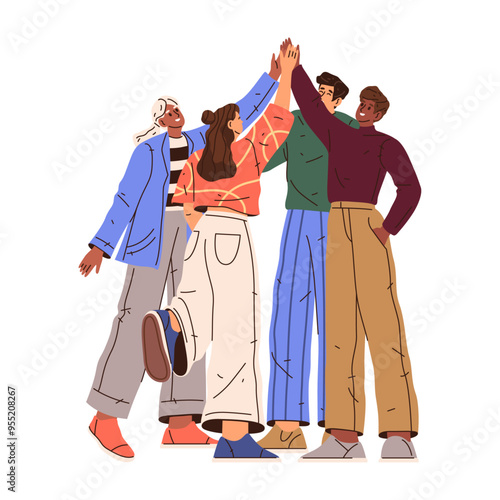 Group of people giving high five greeting gesture. Flat cartoon character, vector team smiling and communicating teenagers. Friends or double date meeting, cool team together