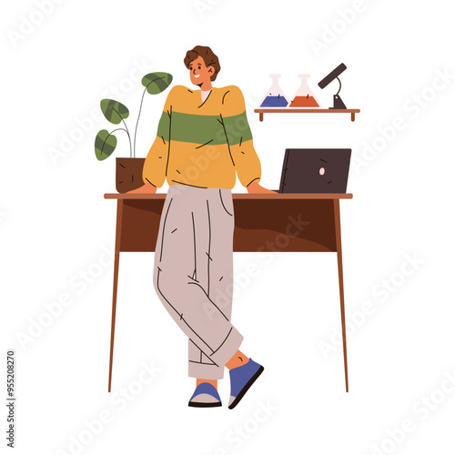 Botany or biology teacher in laboratory explaining about discipline. Lesson or classes in school or university. Auditorium with plants and microscope. Vector cartoon character in flat style