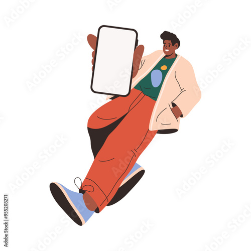 Man showing smartphone with empty screen, flat cartoon vector illustration. Isolated personage holding mobile phone with empty display in hands. Copy space or mockup for advertisement