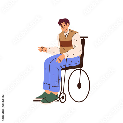 Male personage in wheelchair, isolated worker employee or manager of company. Vector flat cartoon character, isolated disabled man social adaptation for handicapped people. Professional staff