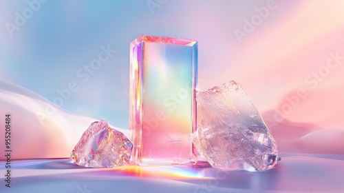 A crystalline podium with light refracting through it, creating rainbow patterns on the surrounding surfaces