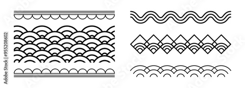 Abstract Chinese traditional oriental ornament border set, isolated artwork graphics. Vector asian culture decoration with lines and waves, cloud symbols. Vintage style japanese frames