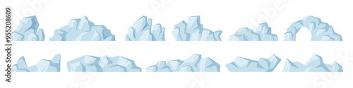 Melting iceberg floating in ocean, frozen polar glacier fragment, winter ice peak. Vector isolated set of icy mass of water, ecology and environment of pole. Global warming and ecological change