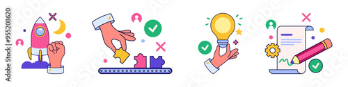 Launching startup project, business process and development. Vector isolated set of icons with hands holding documentation. Starting rocket, writing plan or strategy for new organization