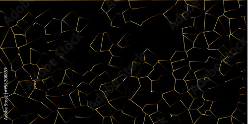 3D broken glass quartz Voronoi diagram vector background. Black color Broken Stained-Glass Background with orang lines. Papercut geometric mosaic tiles pattern background. Seamless vintage vector bg.