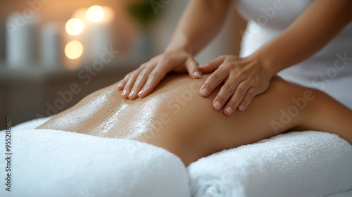 woman receiving a relaxing back massage from another woman, focusing on the smooth, bare skin, emphasizing tranquility and care