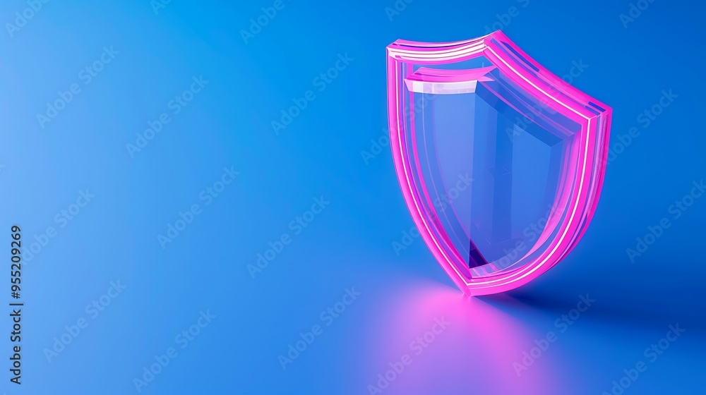 Neon pink shield on blue background representing digital security and protection in a modern abstract style. Neon pink shield on blue background representing digital security and protection in a modern abstract style.