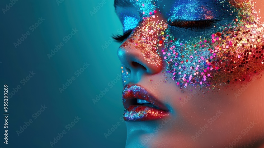 Close-up of a woman's face with sparkling colorful makeup, blue background. Artistry in beauty and glamour photography. Close-up of a woman's face with sparkling colorful makeup, blue background. Artistry in beauty and glamour photography.