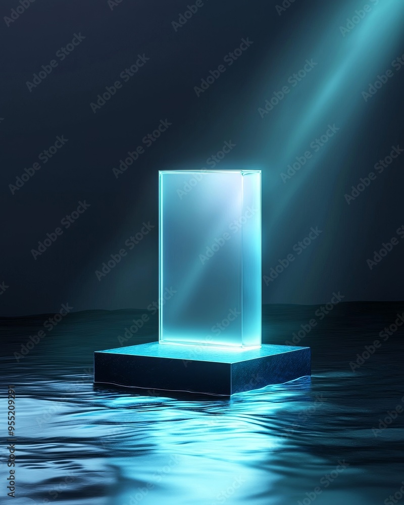 A podium made of translucent material, with light passing through it, creating a glowing effect in a dark environment A podium made of translucent material, with light passing through it, creating a glowing effect in a dark environment