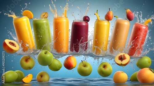 Fresh fruits drink splashing together- pear, apple, plum, apricot, cococnut, mango, pinrapple, banana, orangre juice drink splashing. 3d fresh fruit. Vector illustration photo