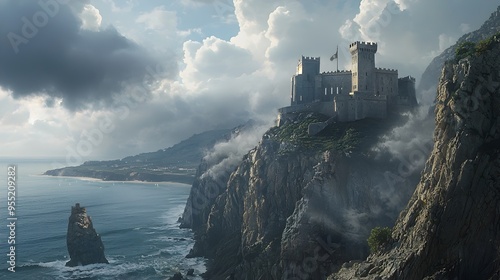 Majestic Medieval Castle Perched Atop Dramatic Cliffside Overlooking Tumultuous Seascape