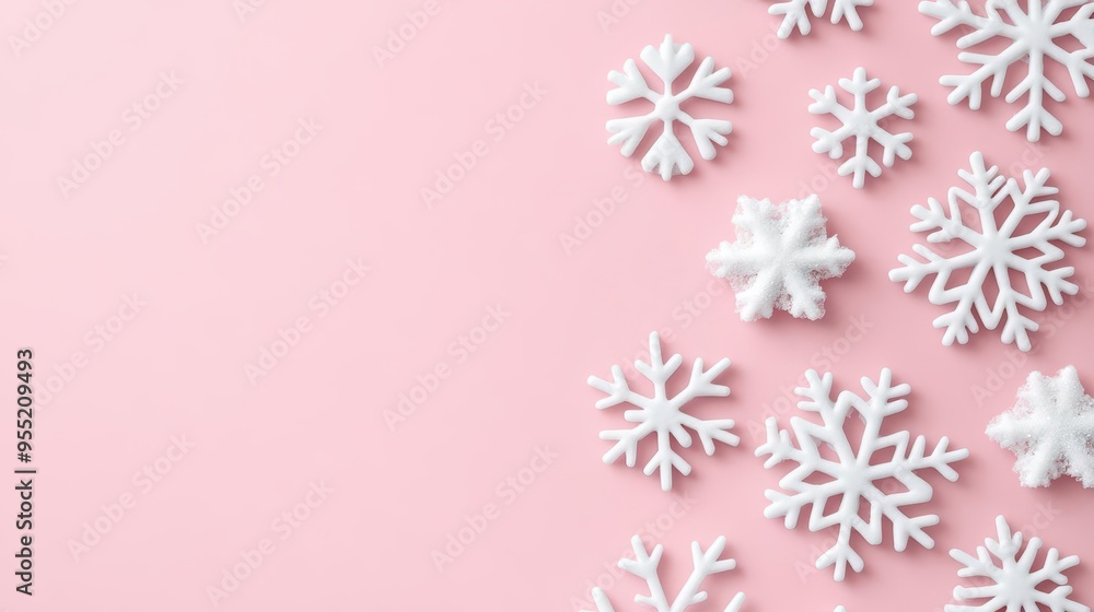 A pastel pink background with minimalist snowflake designs and a large area for holiday text A pastel pink background with minimalist snowflake designs and a large area for holiday text