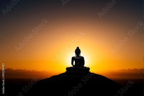 buddha silhouette on golden sunset background beliefs of Buddhism
 photo