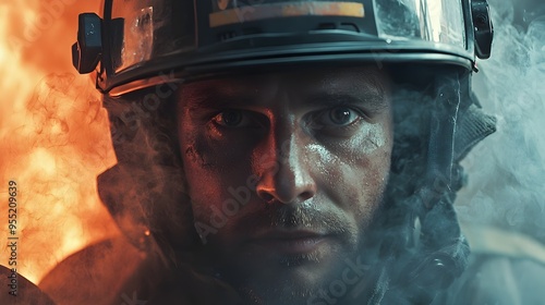 Determined Firefighter's Face Visible Through Smoke and Helmet Visor