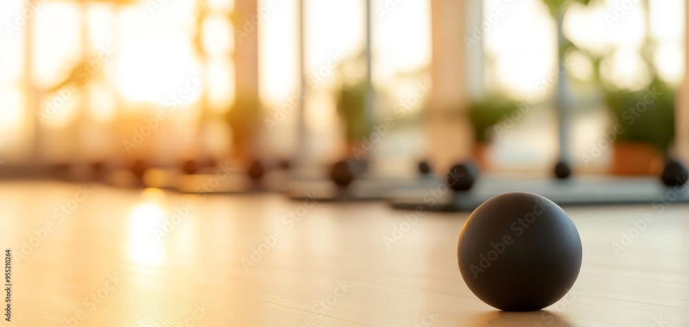 A black fitness ball resting on a wooden floor, illuminated by warm natural light in a serene workout space. A black fitness ball resting on a wooden floor, illuminated by warm natural light in a serene workout space.