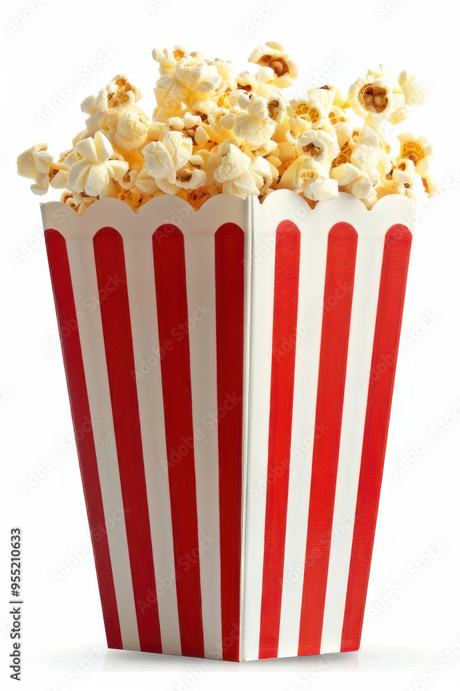 A box of freshly popped popcorn in a classic red and white striped container, perfect for movie time. A box of freshly popped popcorn in a classic red and white striped container, perfect for movie time.
