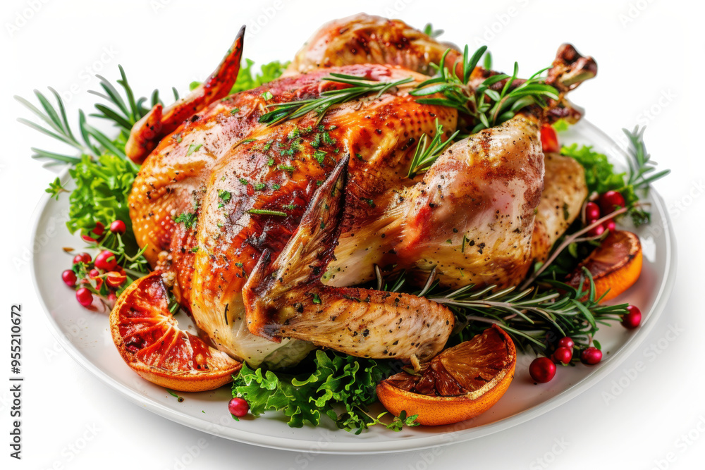 A perfectly roasted turkey garnished with fresh herbs, oranges, and cranberries, served on a white platter. A perfectly roasted turkey garnished with fresh herbs, oranges, and cranberries, served on a white platter.