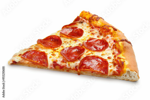 A slice of pepperoni pizza with melted cheese and herbs, showcasing a crispy crust, isolated on white.