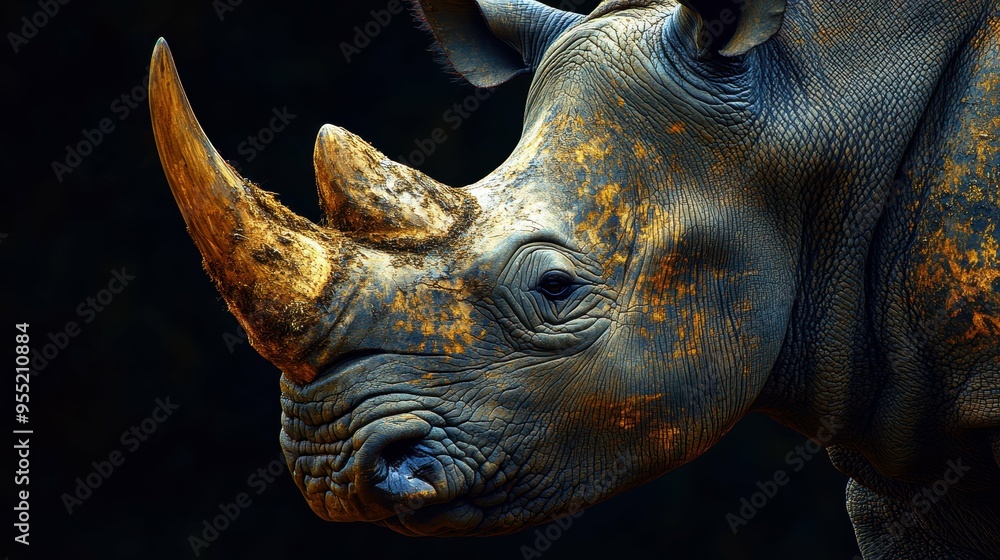 Obraz premium Striking close-up of a mighty rhinoceros, its horn and weathered skin conveying a sense of ancient, unyielding strength