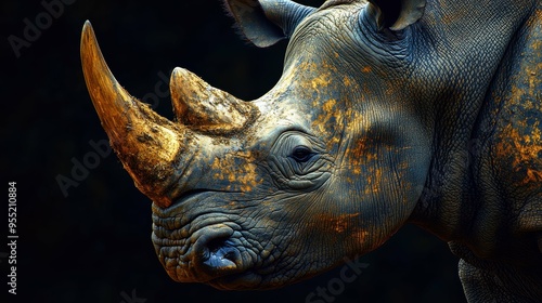 Striking close-up of a mighty rhinoceros, its horn and weathered skin conveying a sense of ancient, unyielding strength photo