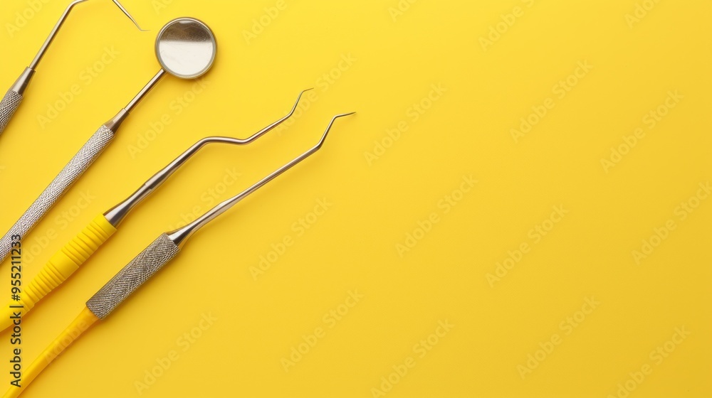 Three dental instruments are displayed on a yellow background Three dental instruments are displayed on a yellow background