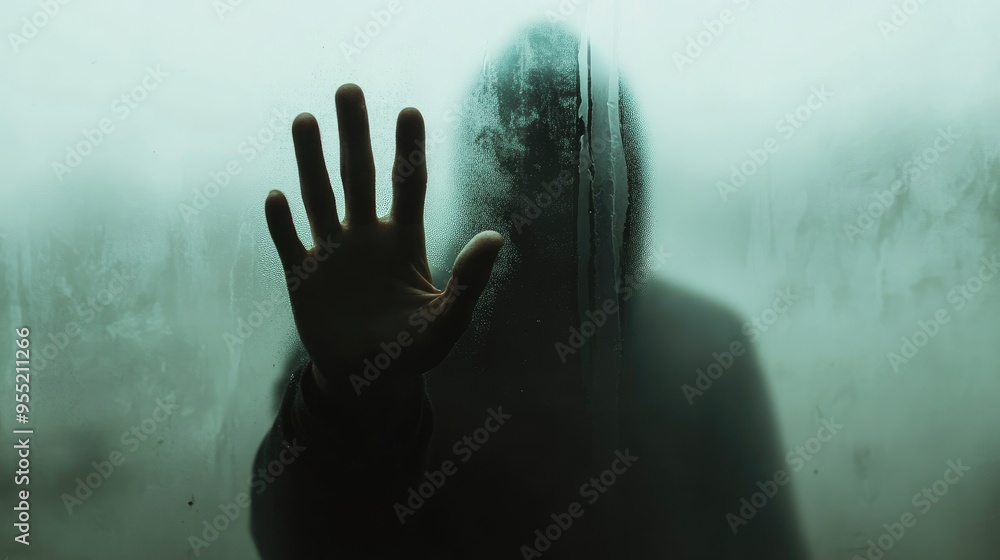 An eerie image of a hand pressing against frosted glass, with the shadowy figure of a faceless man in a black hoodie just beyond the misty surface. Copy space An eerie image of a hand pressing against frosted glass, with the shadowy figure of a faceless man in a black hoodie just beyond the misty surface. Copy space