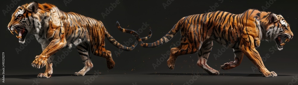 Dynamic image of two majestic tigers walking in opposite directions on a dark background, showcasing their powerful presence and striking stripes. Dynamic image of two majestic tigers walking in opposite directions on a dark background, showcasing their powerful presence and striking stripes.