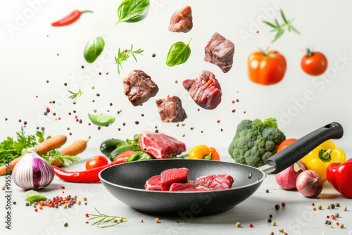 A dynamic scene of fresh meat and vegetables, including peppers and onions, floating above a frying pan, ready for cooking.