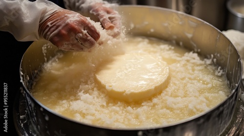 Fototapeta Naklejka Na Ścianę i Meble -  Cheesemaking Process: Salting a Wheel of Cheese