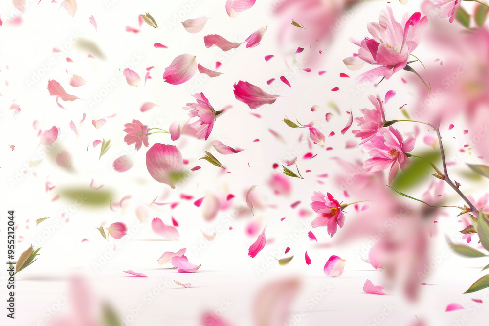 Delicate pink flowers with petals gently falling, creating a serene and peaceful atmosphere on a white background. Delicate pink flowers with petals gently falling, creating a serene and peaceful atmosphere on a white background.