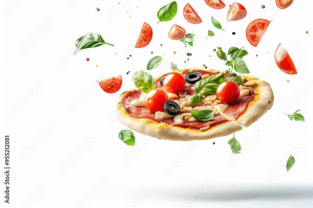 Floating pizza with fresh vegetables and toppings in mid-air, creating a dynamic and colorful culinary scene. Floating pizza with fresh vegetables and toppings in mid-air, creating a dynamic and colorful culinary scene.