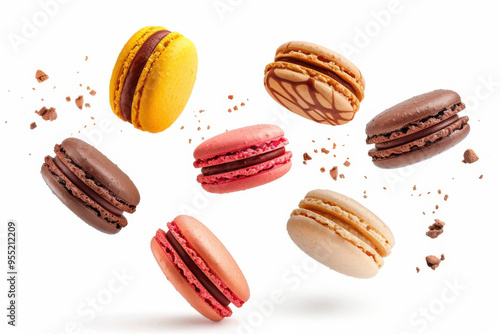 Wallpaper Mural Assorted pastel-colored macarons floating in mid-air, showcasing their delicate texture and vibrant, elegant design. Torontodigital.ca