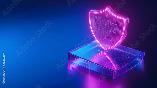 Neon shield representing digital security and data protection, with a futuristic design symbolizing advanced cybersecurity technology. photo