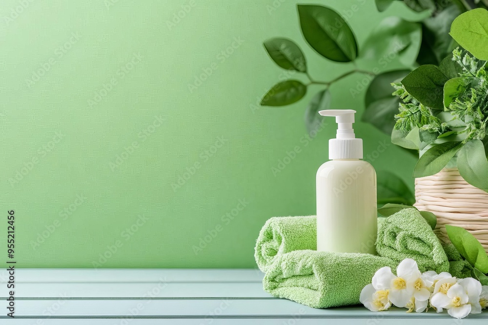 A serene composition featuring a green towel, lotion bottle, and fresh foliage, ideal for wellness and skincare themes. A serene composition featuring a green towel, lotion bottle, and fresh foliage, ideal for wellness and skincare themes.