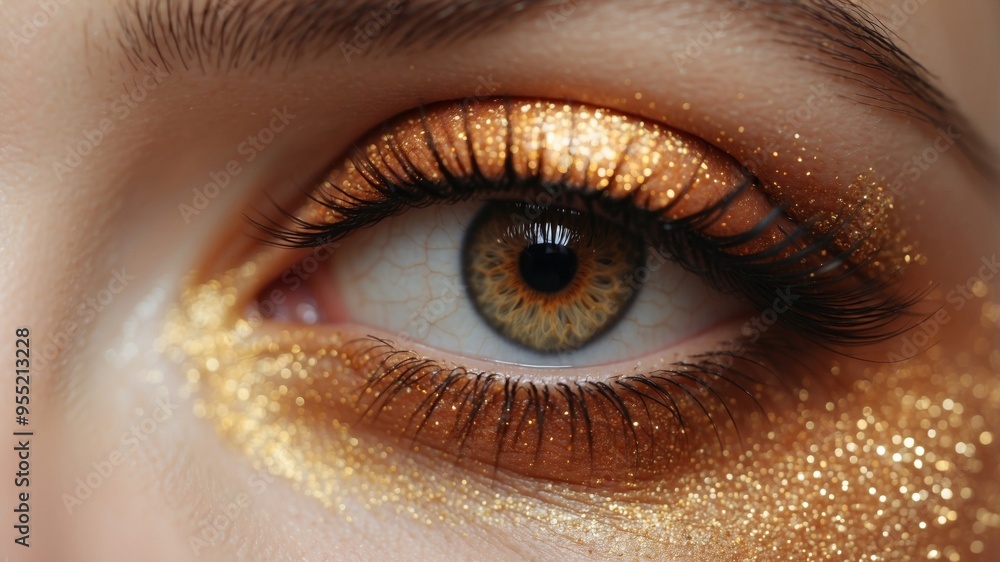 close up of an eye with peach fuzz color glitter eye shadows. close up of an eye with peach fuzz color glitter eye shadows.