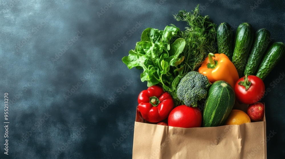 Fresh, healthy groceries in a paper bag, arranged with space for text, perfect for themes of healthy living and conscious shopping. Fresh, healthy groceries in a paper bag, arranged with space for text, perfect for themes of healthy living and conscious shopping.