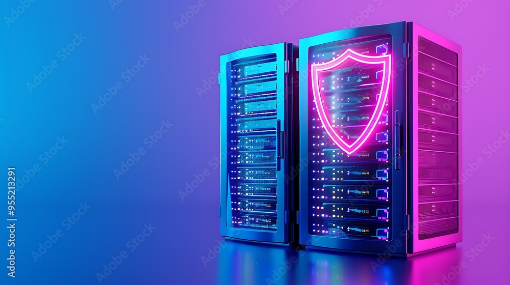 Neon-lit server racks with a glowing shield icon symbolizing cybersecurity and data protection, set against a futuristic blue and purple background. Neon-lit server racks with a glowing shield icon symbolizing cybersecurity and data protection, set against a futuristic blue and purple background.