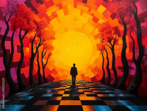 A surreal landscape depicting a silhouetted figure walking towards a vibrant sunset filled with colorful geometric patterns.