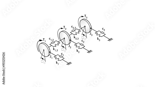A line drawing showing a dynamical torsional system with 3 masses and symbols for damping and stiffness with coupling to inertia ground