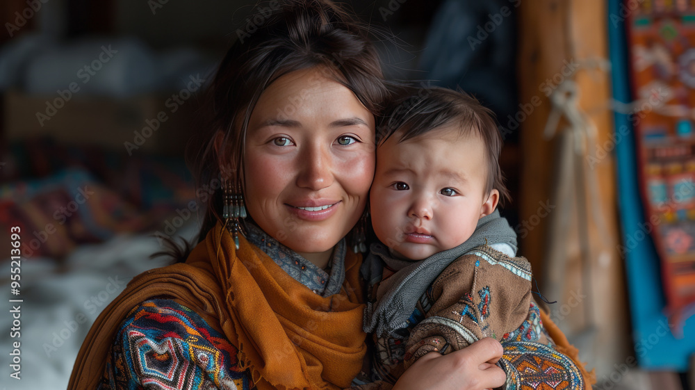 Mongolian mother dressed clean modern cashmere, holding 1 months old baby boy wearin clean modern cloth, in sitting mongolian modern yurt Mongolian mother dressed clean modern cashmere, holding 1 months old baby boy wearin clean modern cloth, in sitting mongolian modern yurt