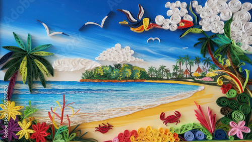 A vibrant quilling masterpiece depicting serene Thailand beach scene with palm trees, colorful flowers, and playful crabs. blue sky and gentle waves evoke sense of tranquility.