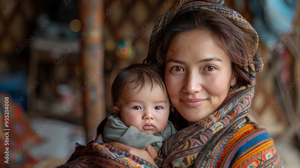 Mongolian mother dressed clean modern cashmere, holding 1 months old baby boy wearin clean modern cloth, in sitting mongolian modern yurt Mongolian mother dressed clean modern cashmere, holding 1 months old baby boy wearin clean modern cloth, in sitting mongolian modern yurt