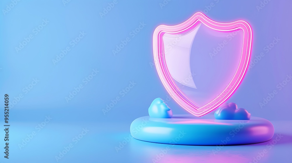 Pink neon shield icon on blue pedestal with a pastel background, representing protection, security, and digital safety in a stylish design. Pink neon shield icon on blue pedestal with a pastel background, representing protection, security, and digital safety in a stylish design.